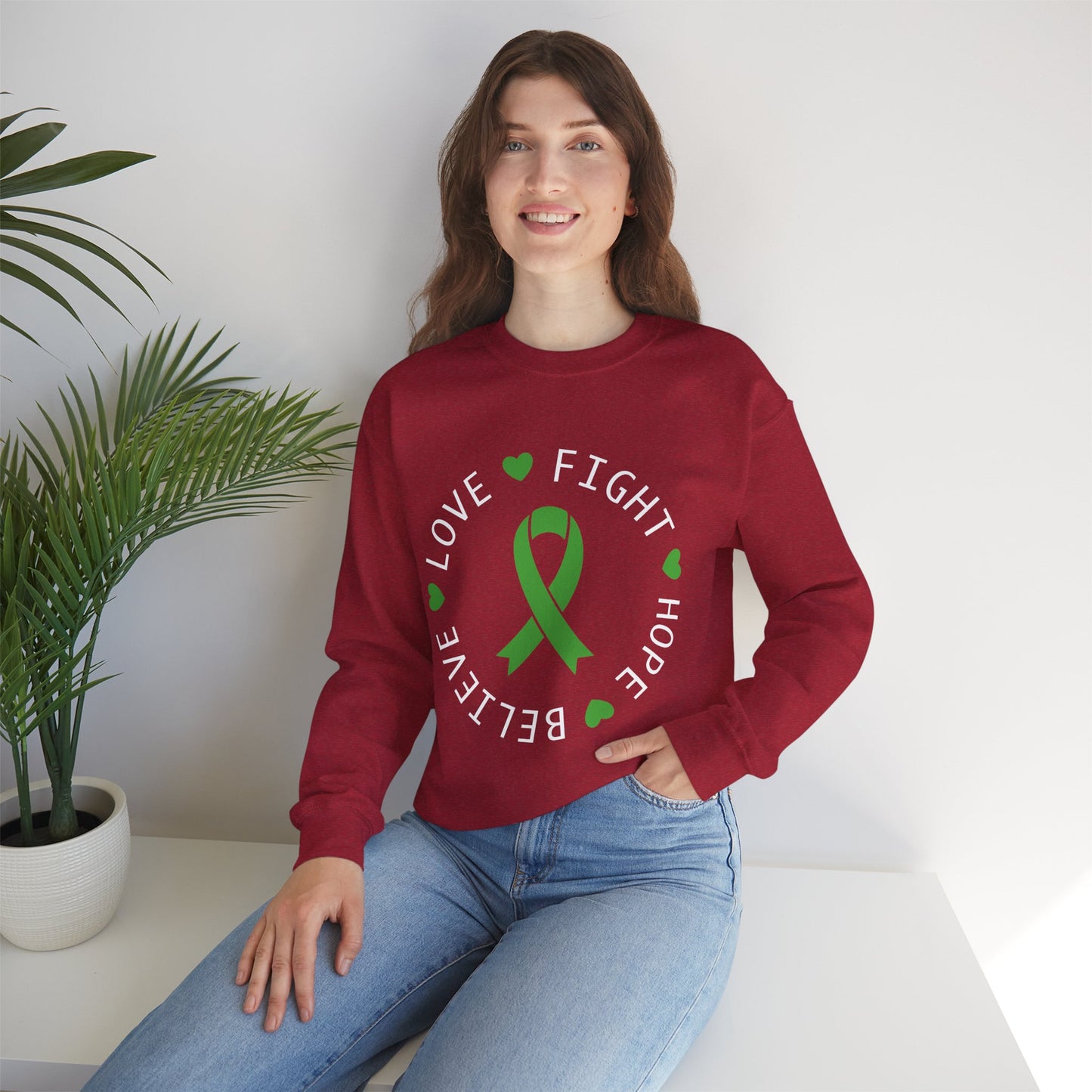 Love. Fight. Hope. Believe. Green Ribbon for Mental Health Sweatshirt • Unisex Crewneck Sweatshirt