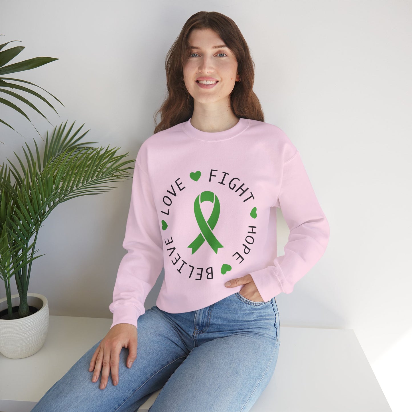 Love. Fight. Hope. Believe. Green Ribbon for Mental Health Sweatshirt • Unisex Crewneck Sweatshirt