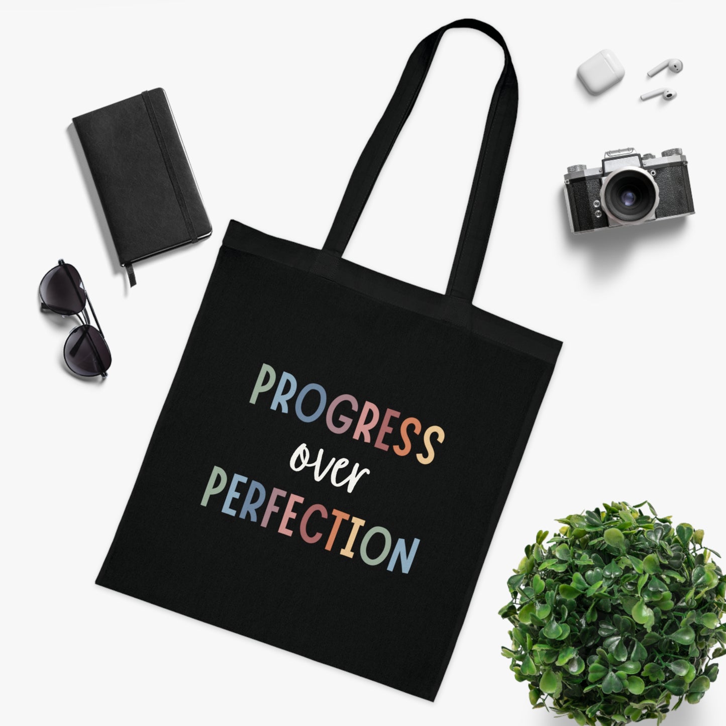 Progress Over Perfection • Eco-Friendly Cotton Grocery Tote