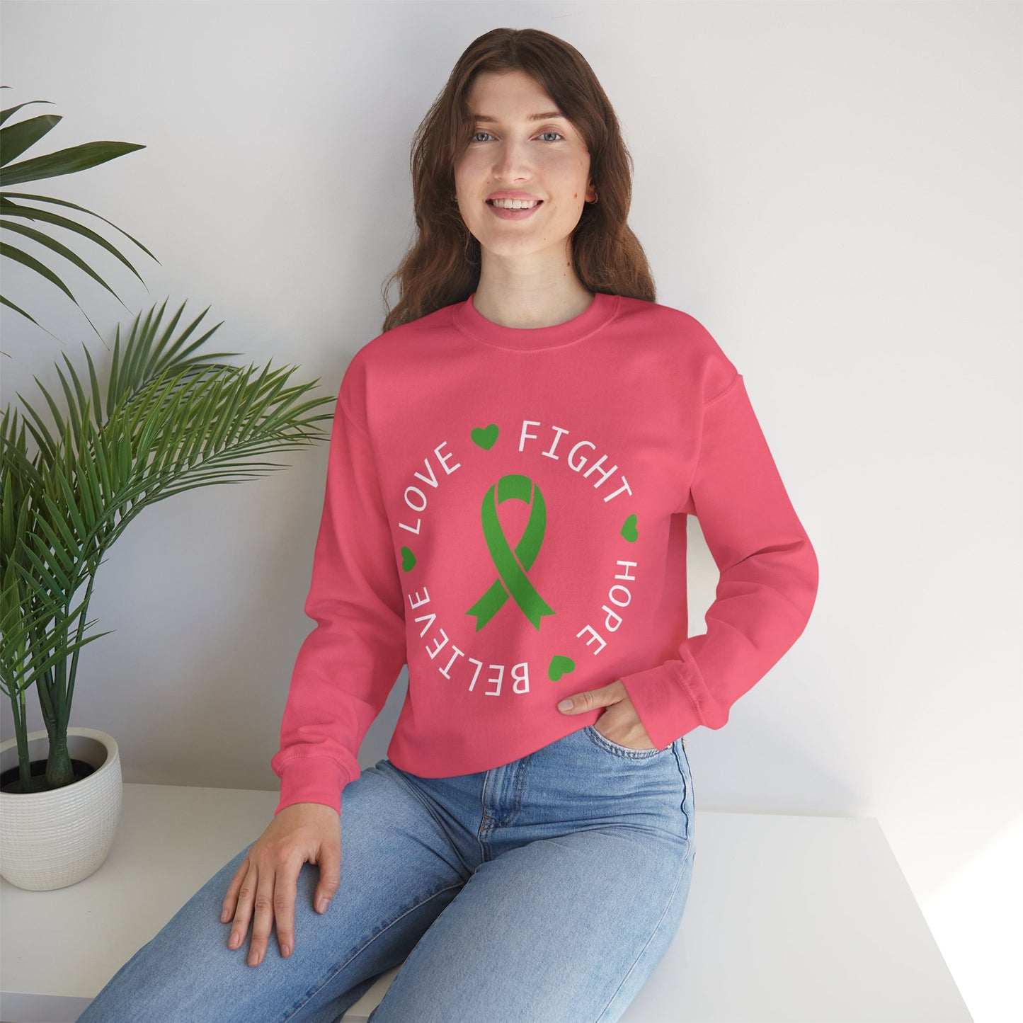 Love. Fight. Hope. Believe. Green Ribbon for Mental Health Sweatshirt • Unisex Crewneck Sweatshirt
