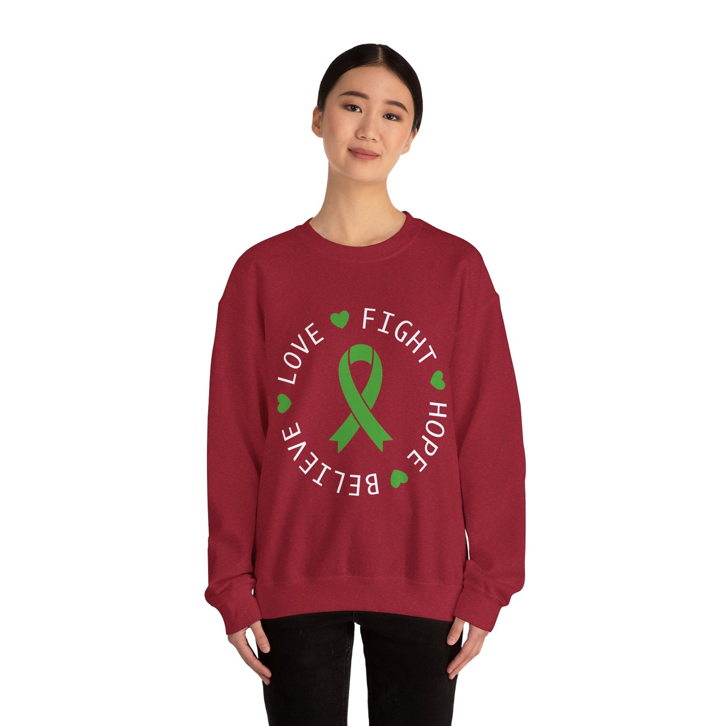 Love. Fight. Hope. Believe. Green Ribbon for Mental Health Sweatshirt • Unisex Crewneck Sweatshirt