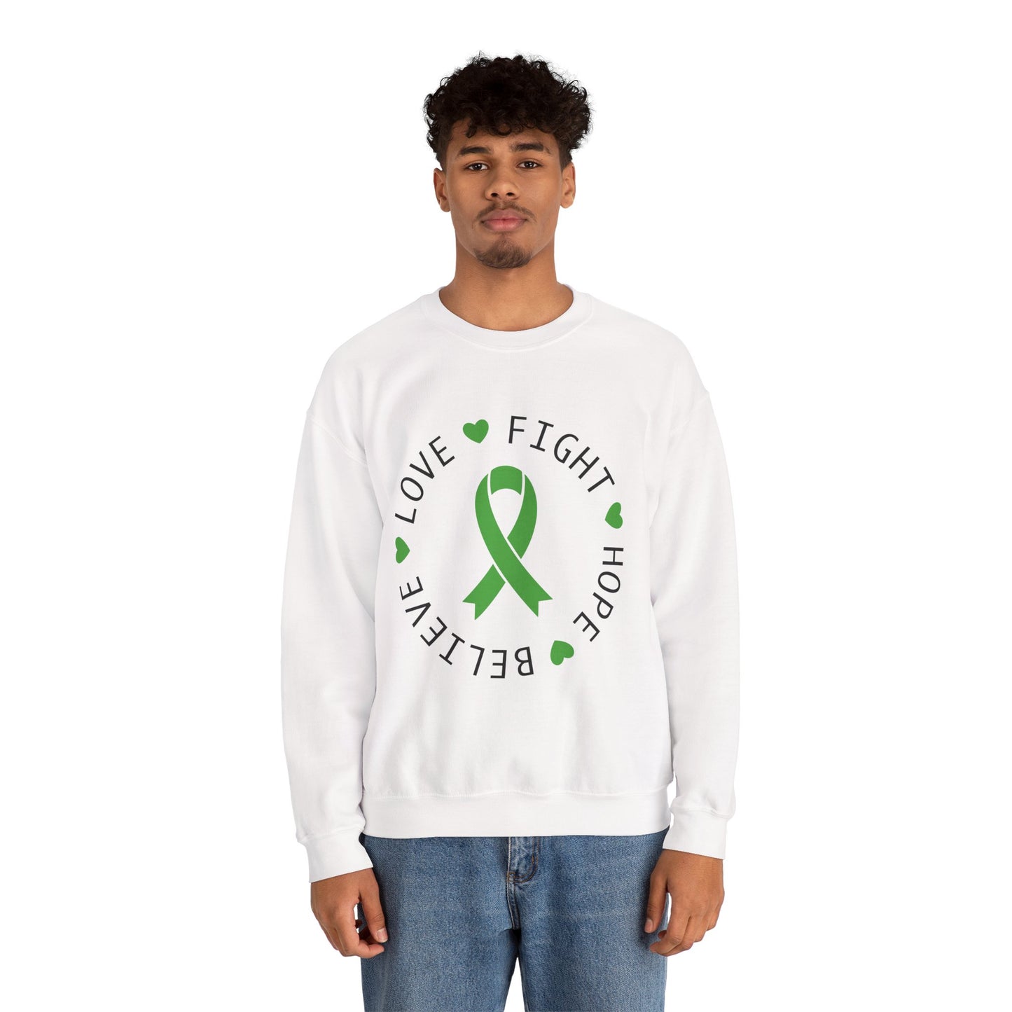 Love. Fight. Hope. Believe. Green Ribbon for Mental Health Sweatshirt • Unisex Crewneck Sweatshirt