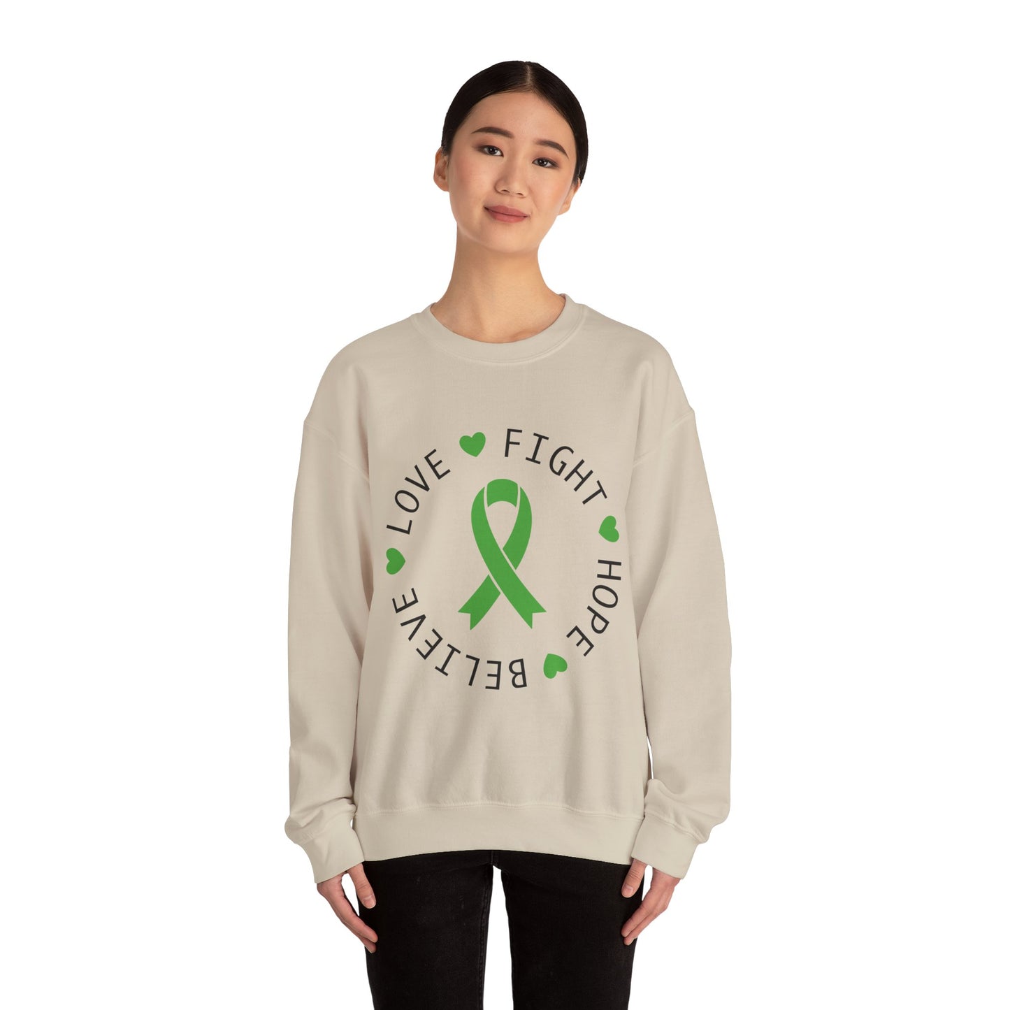 Love. Fight. Hope. Believe. Green Ribbon for Mental Health Sweatshirt • Unisex Crewneck Sweatshirt
