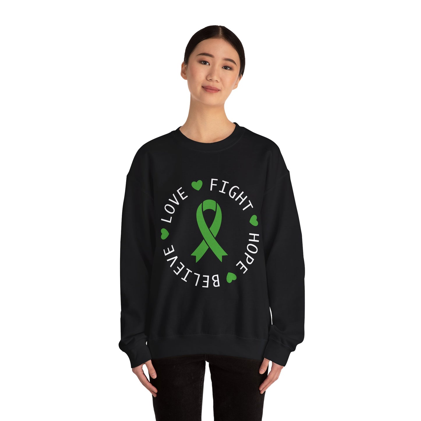 Love. Fight. Hope. Believe. Green Ribbon for Mental Health Sweatshirt • Unisex Crewneck Sweatshirt