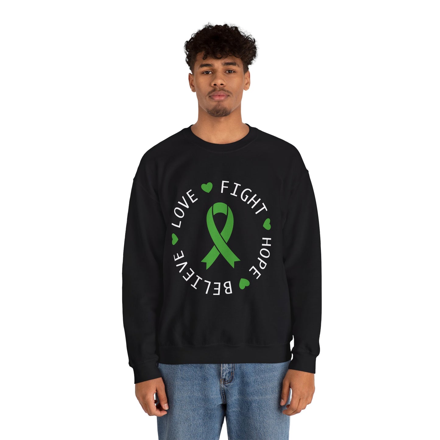 Love. Fight. Hope. Believe. Green Ribbon for Mental Health Sweatshirt • Unisex Crewneck Sweatshirt