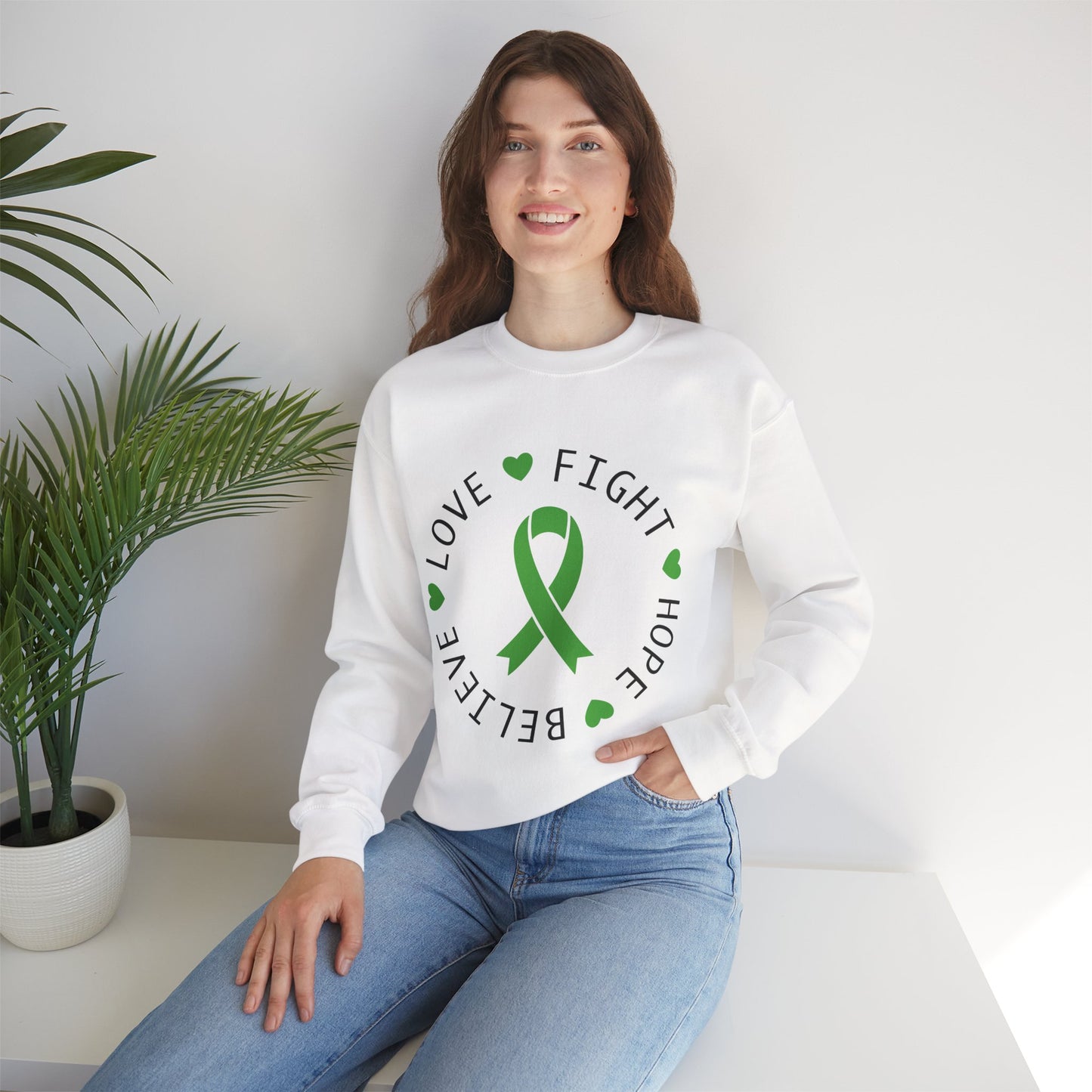 Love. Fight. Hope. Believe. Green Ribbon for Mental Health Sweatshirt • Unisex Crewneck Sweatshirt