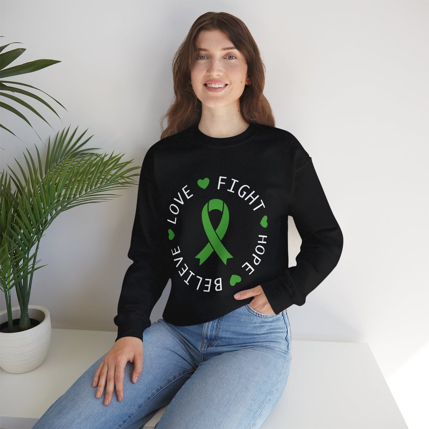 Love. Fight. Hope. Believe. Green Ribbon for Mental Health Sweatshirt • Unisex Crewneck Sweatshirt