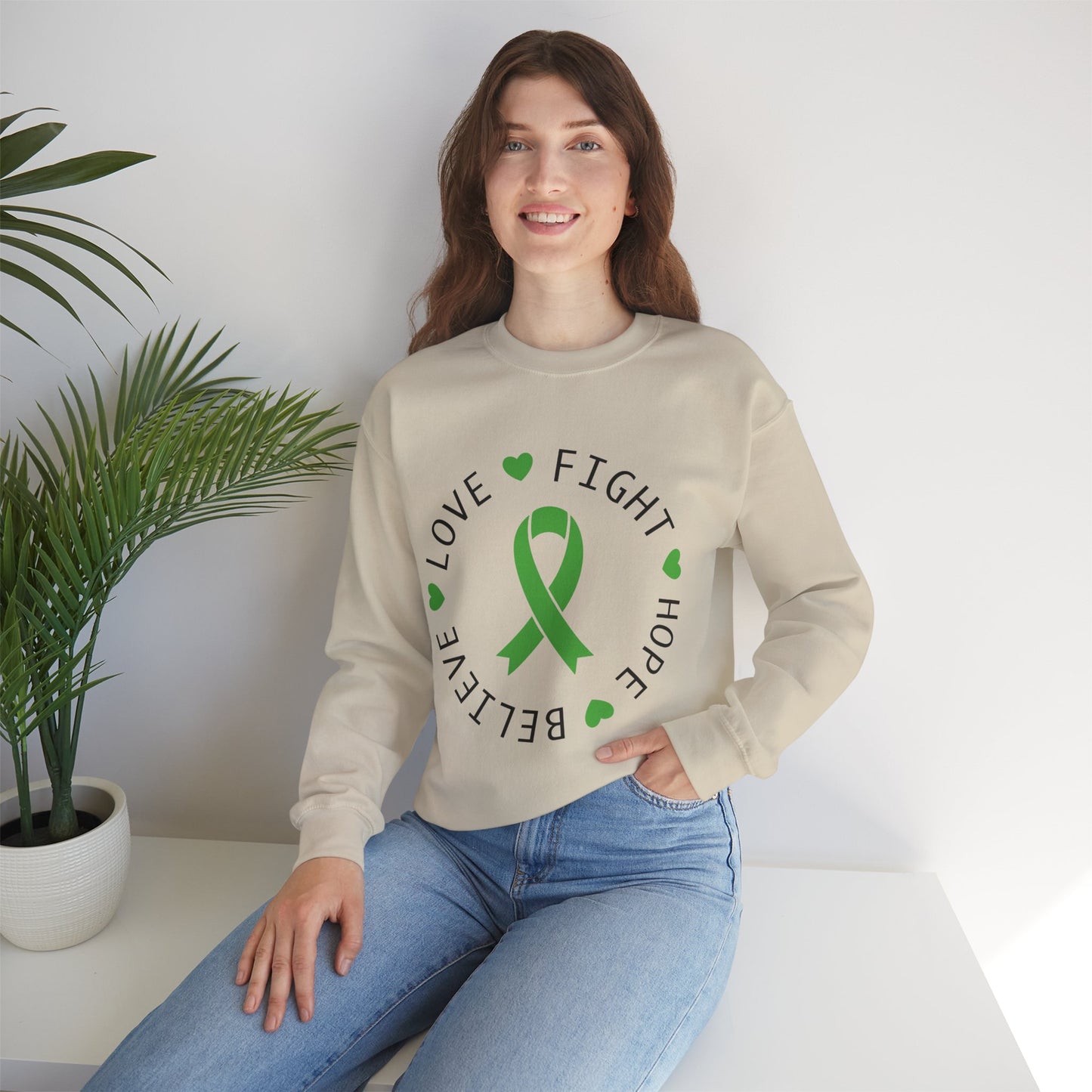 Love. Fight. Hope. Believe. Green Ribbon for Mental Health Sweatshirt • Unisex Crewneck Sweatshirt